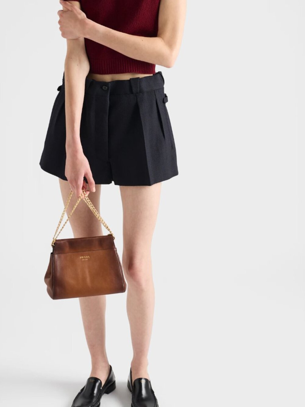 PRADA Navy Blue Wool CHEVRON Oversized Paperbag Pleated Shorts IT 38 / US 2